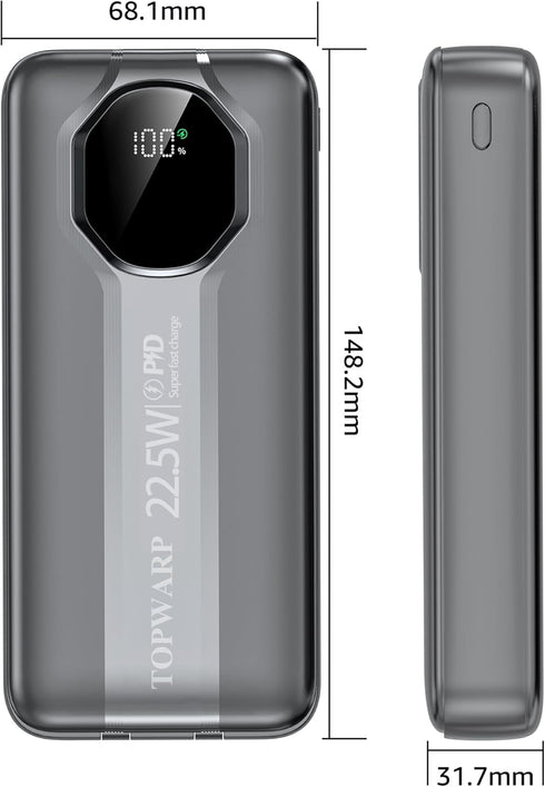 Power Bank, 20000mAh PD 22.5W Portable Charger with 4 Built-in Output Channels, 2 Output Cables, QC3.0 Fast Charging