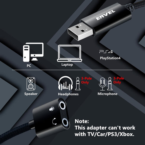 ENVEL USB to 3.5mm Audio Adapter - External Stereo Sound Card with Dual TRS 3-Pole Jack for PS4/PS5/PC
