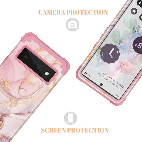 Google Pixel 6 Pro Case, Marble Rose Gold Women 3 in 1 Hard PC Soft Silicone Protective Rugged Bumper Cover