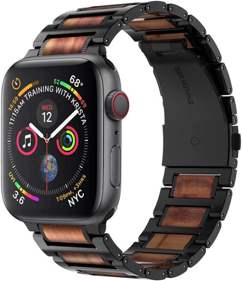 iiteeology Apple Watch Band, Natural Wooden Steel Link Bracelet for iWatch Ultra 2/Series 1-10, Black