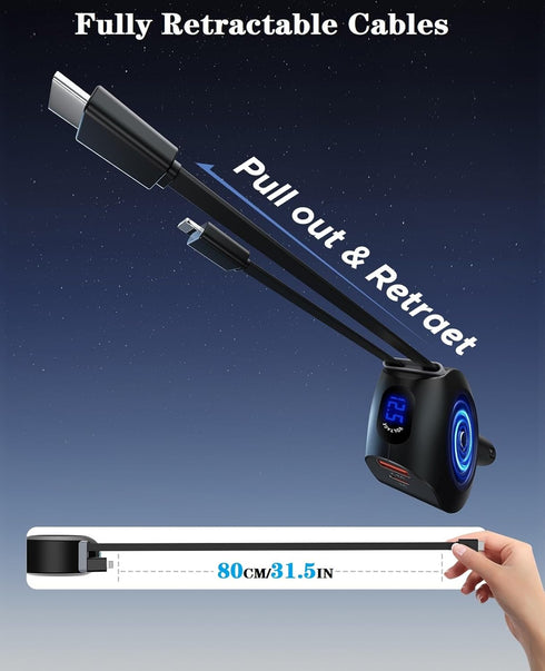 Retractable Car Charger, KOOPAO 69W 4 in 1 Fast Charging Adapter with Multi USB C Cables for iPhone 15/14/13/12/11