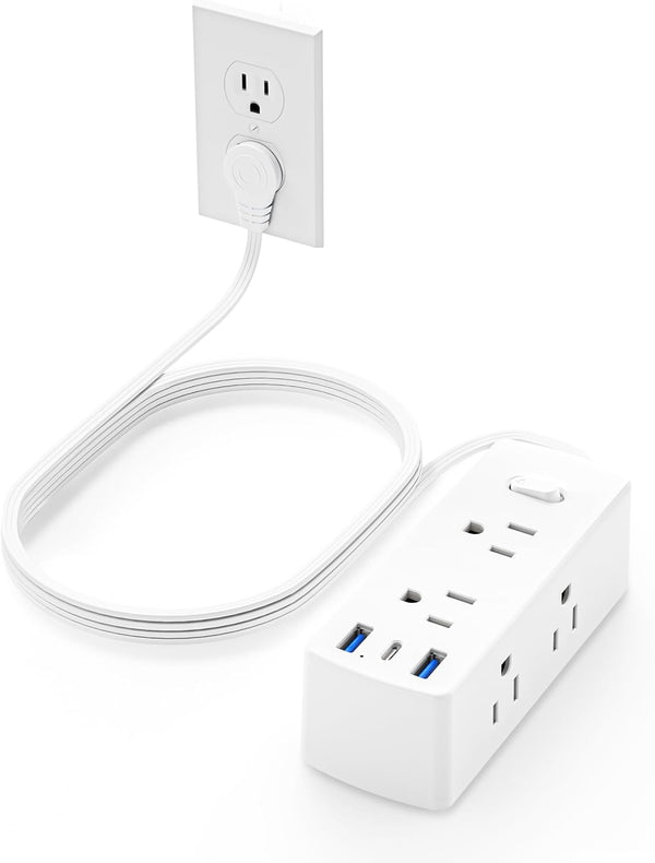 Flat Plug Power Strip, Olcorife 5ft Flat Extension Cord with 6 Outlets, 3 USB Ports (1 USB C), Surge Protector for Home