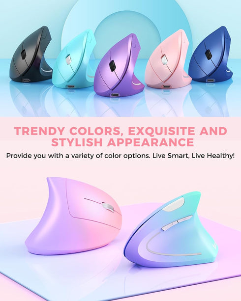 Lekvey Pink Ergonomic Vertical Wireless Mouse, Rechargeable 2.4 GHz USB Optical, 800/1200/1600 DPI, 6 Buttons