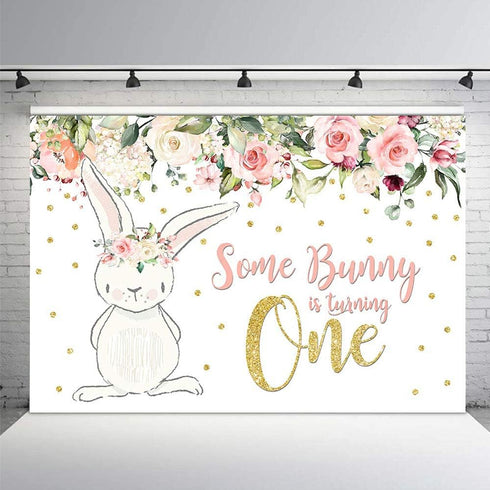 MEHOFOTO 8x6ft Bunny Girl One Birthday Party Backdrop - Spring Pink Floral Glitter Gold Rabbit Photography Background