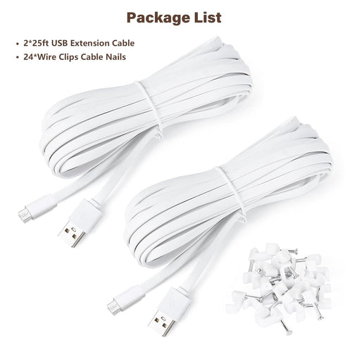 2 Pack 25ft Micro USB Extension Cable for eufy Security Indoor Cam, Weatherproof Charging Cord with Clips