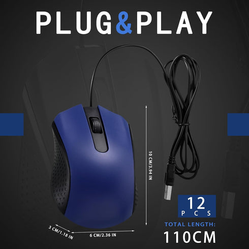 Hoteam 12 Pcs Blue Wired Computer Mouse Bulk Cord USB Computer Mice Ergonomic Wired Mouse for Pcs, Computers, Laptops
