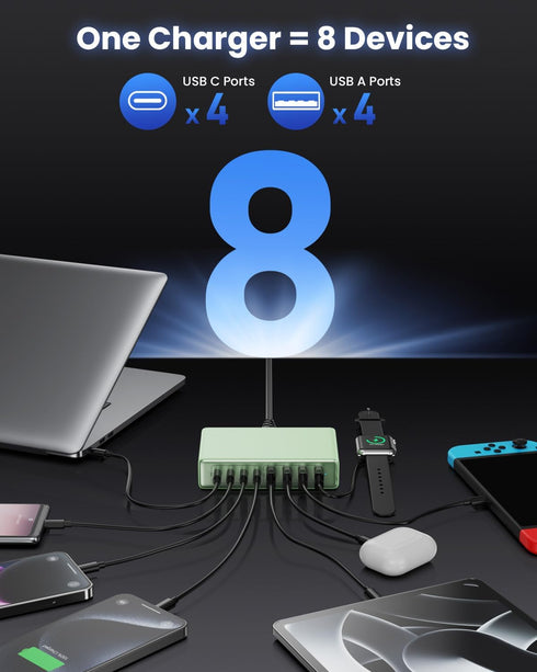 200W USB C Charger, GaN III 8-Ports Charging Station Hub, PD 65W Laptop Charger Compatible with MacBook Pro/Air, Green