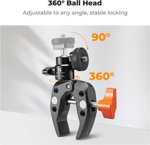 K&F Concept Super Clamp Camera Clamp with 360° Ballhead for GoPro/AKASO/Insta360 Action Cameras