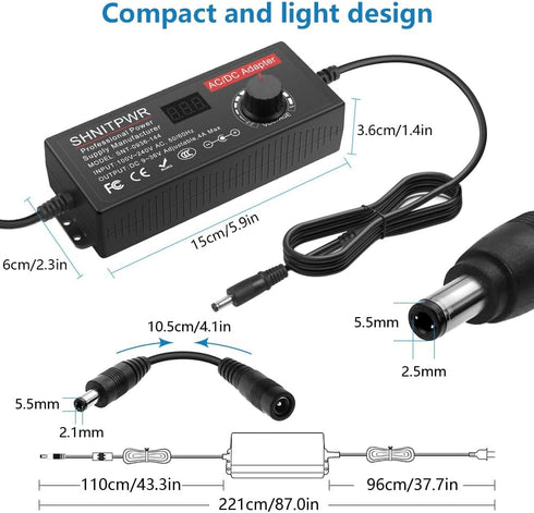 SHNITPWR 144W Universal Power Supply, Adjustable DC 36V 30V 24V 20V 19V 14V 12V 9V AC/DC Adapter, 100V~240V AC to DC