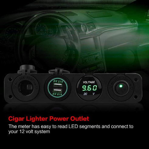 12 24V LED Dual USB Voltmeter & Cigar Lighter Power Outlet, 4 Hole Panel Switch, Green, LED Lighted ON/Off