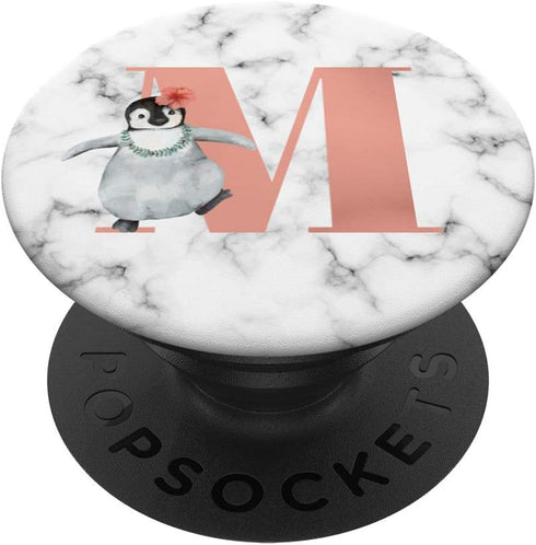 Cute Penguin With Flower Pink Rose Color Letter M PopSockets Swappable PopGrip