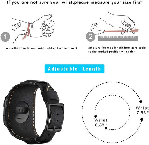 Genuine Leather Cuff Bracelet Replacement Strap for Fitbit Versa Bands - Stainless Steel Buckle for Men Women (Black)