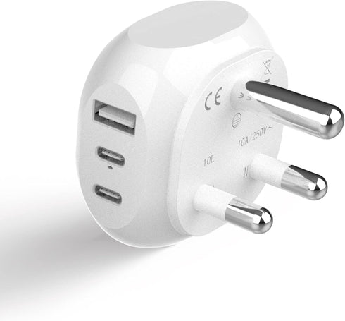 Ceptics South Africa Travel Adapter - 5 Input with QC 3.1A Dual USB and USB-C, USA to Type M Countries, White
