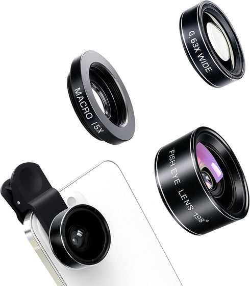 Brvlsoc 3-in-1 Smartphone Camera Lens Kit 198 Fisheye, 0.63 Wide-Angle & 15 Macro
