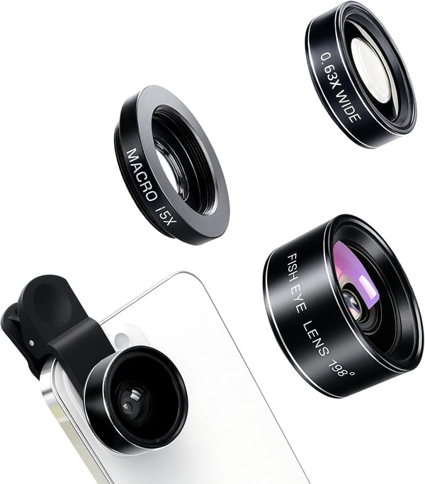 Brvlsoc 3-in-1 Smartphone Camera Lens Kit 198 Fisheye, 0.63 Wide-Angle & 15 Macro