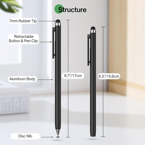 Stylus Pens for Touch Screens - Mixoo 2-in-1 High Sensitivity Retractable Stylus with Upgraded 6mm Disc Tip Universal Stylus for iPad iPhone Tablets All Capacitive Touchscreen Devices (Black + White)