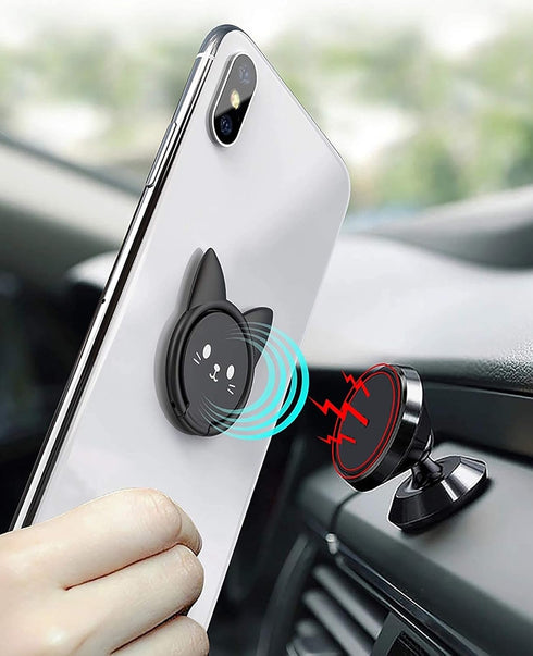 Ultra-Thin Cute Cat Metal Phone Ring Holder, 360° Rotation Kickstand for Magnetic Car Mount (Black)
