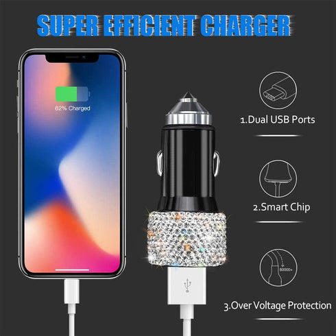 Dual USB Car Charger, 5V/2.4A Bling Fast Charge Dual Port Adapter, Compatible with All Chargers