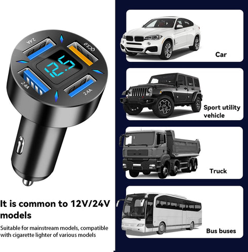 4 Ports USB Car Charger, 66W Super Fast Charging USB QC 3.0 Adapter with LED Voltmeter for Car