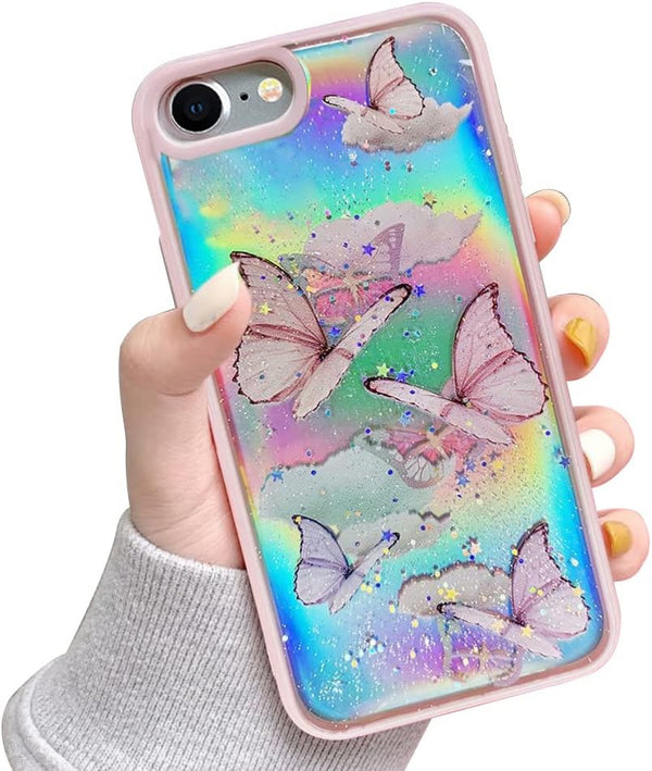 LCHULLE Girly Case for iPhone SE 2022/3rd/SE 2020/2nd, Iridescent Butterfly Design, Soft TPU Bumper