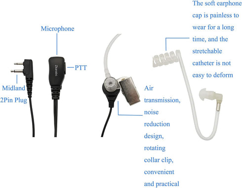 Walkie Talkies Earpiece with Mic, 2 Pin Acoustic Tube Headset Compatible with Midland LXT600VP3 GXT1000VP4 LXT500VP3