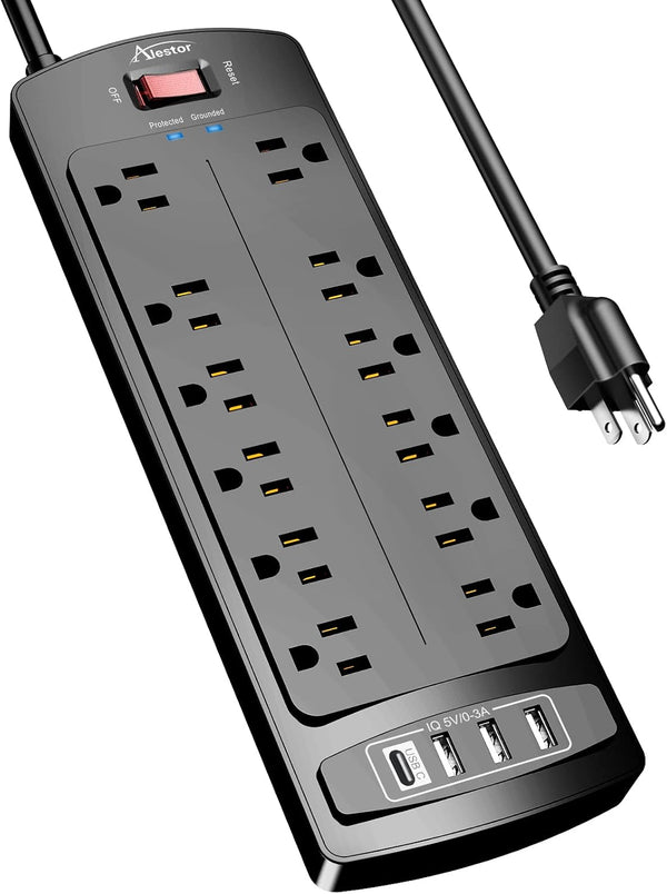 Alestor Power Strip, Surge Protector with 12 Outlets and 4 USB Ports, 6