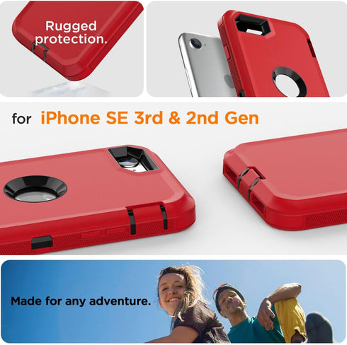 AICase for iPhone SE Case 3rd & 2nd Generation, for iPhone SE 2022/2020 Built-in Screen Protector Heavy Duty Protective Shockproof 3-Layer Full Body Rugged Phone Cover, Red/Black