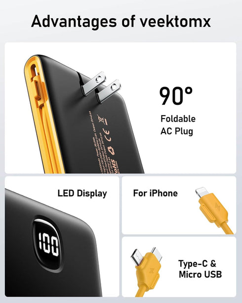 VEEKTOMX 10000mAh, Pack 17/16/15, Portable Charger with Built in Cables Power Bank for iPhone with Wall Plug, Travel