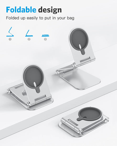 OMOTON Foldable Phone Stand Holder for MagSafe Charger, Compatible with iPhone 15/14/13/12 Pro Max, Silver