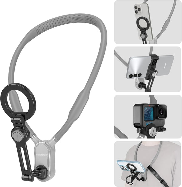 Magnetic Neck Phone Holder, 4 in 1 Neck Mount for Phones and Action Cameras, Hands-Free Holder for Recording POV/Vlog