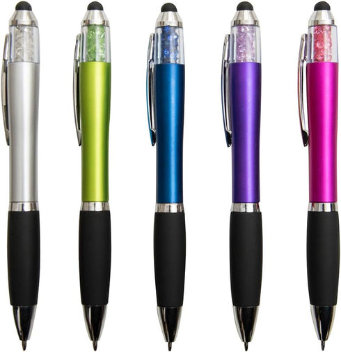 Medium Point Stylus Pens with Crystals, 5 Count + 3 Refills, Black Ink, Comfort Grip for Women and Kids