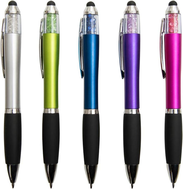 Medium Point Stylus Pens with Crystals, 5 Count + 3 Refills, Black Ink, Comfort Grip for Women and Kids