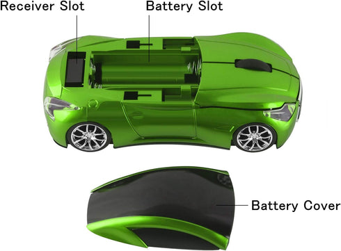 Cool Sport Car Shape 2.4GHz Wireless Mouse Optical Cordless Mice with USB Receiver for PC Laptop Computer 1600DPI 3 Buttons Green