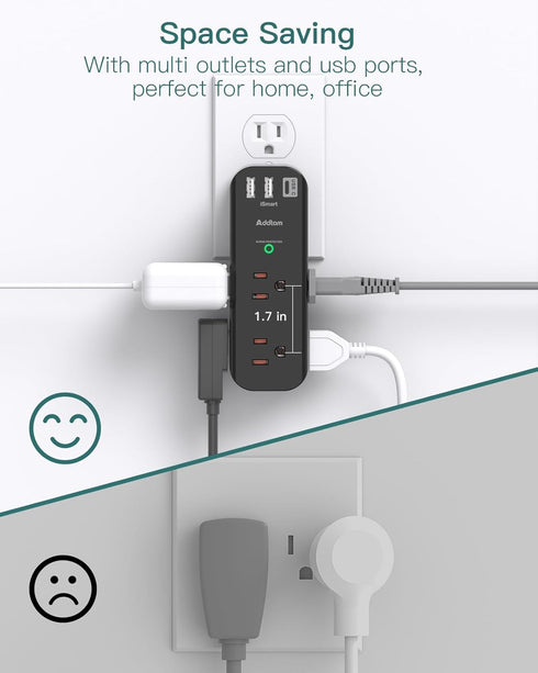 Surge Protector Outlet Extender, 6 AC Multi Plug with 3 USB Ports, 1800J Wall Charger, Black