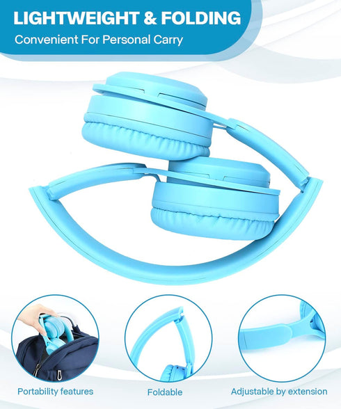 Kids Bluetooth Headphones, On Ear Wireless Headsets with Microphone, Foldable Stereo for iPad Tablet (Blue)