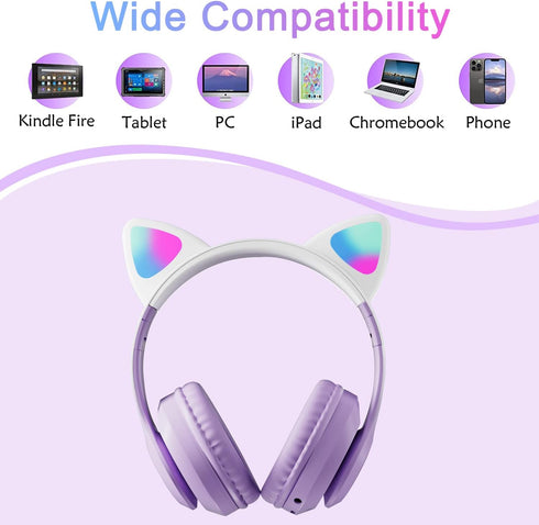 Kids Bluetooth Headphones, Wireless Over-Ear Headphones with Microphone, Cat Ear Design for Girls, Purple