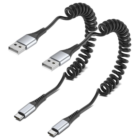 Coiled USB C Cable, 2 Pack USB to USB C Coiled Cable for Car, Short USB C Retractable Cable for iPhone 15 Pro Max