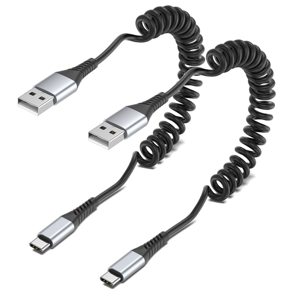 Coiled USB C Cable, 2 Pack USB to USB C Coiled Cable for Car, Short USB C Retractable Cable for iPhone 15 Pro Max