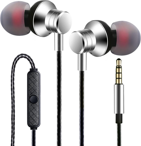 Silver Wired Earbuds Headphones with Microphone, Stereo Bass, Noise Isolation, Compatible with Smartphones, Tablets,