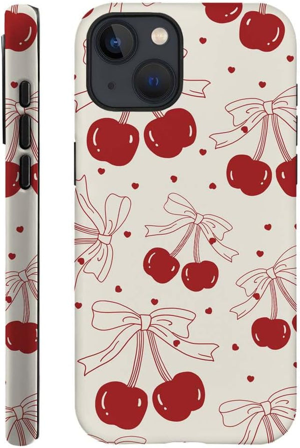 iPhone 14 Plus Case, HH2 Red Cherry Bows Hybrid 2 Layer Hard Shell Silicone Protective Pattern Design