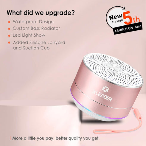 XLEADER A6 Mini Bluetooth Speaker - IPX7 Waterproof Shower Speaker with Lanyard, Cute Pink Speaker for iPhone, Gifts