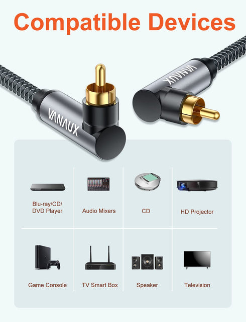 90 Bar,PS4 90, 26ft/8m) VANAUX Degree RCA Cable,Right Angle Subwoofer Cable,Digital Coaxial Audio Cord,Nylon