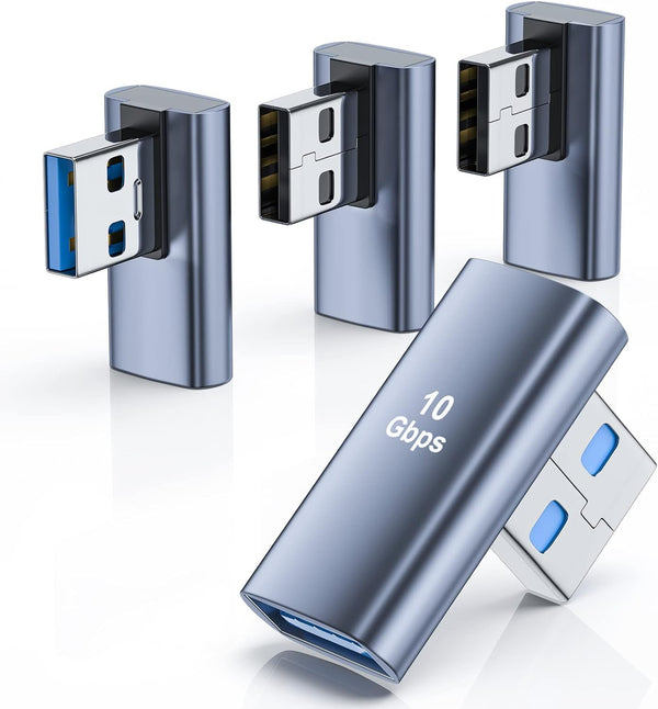 4 Pack USB 3.1 90 Degree Adapter, 2 Left Angle & 2 Right Angle USB A Male to Female Adapter for PC, Laptop, USB Devices