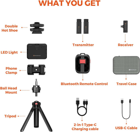 VK10 Vlogging Kit for Smartphone, Fill Light, Microphone, Phone Mount, Tripod, Bluetooth Remote Control
