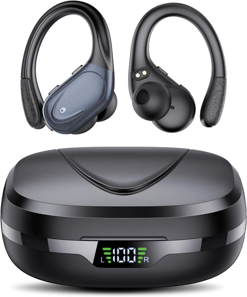 Wireless Earbuds Bluetooth 5.3, 60hrs Playtime with Digital Display, Sports Headphones with Earhook, Black