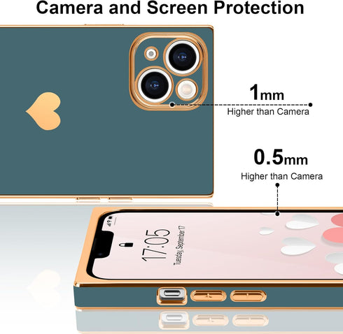 iPhone 13 Case, Square Luxury Plating Gold for Women Girls, Cute Love Heart Pattern Cover - Grey