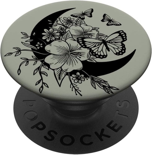 Sage Grey Black Butterfly Crescent Moon Flower PopSockets Swappable PopGrip
