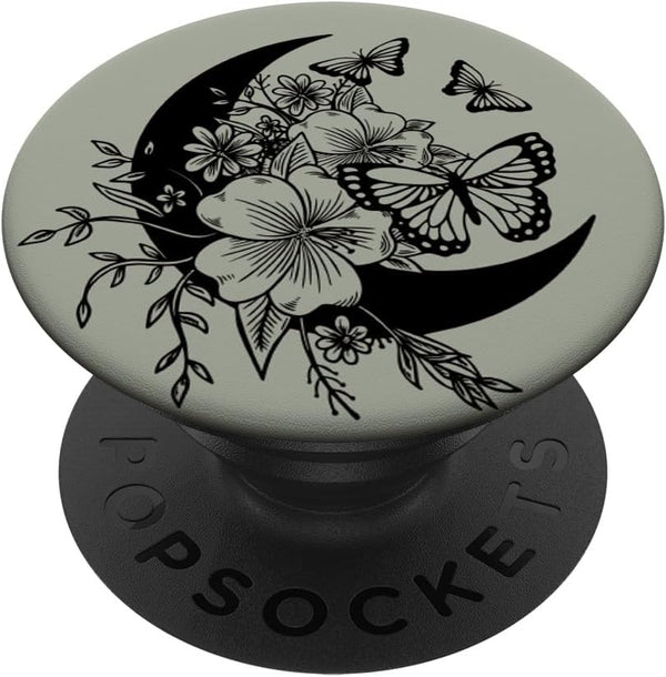 Sage Grey Black Butterfly Crescent Moon Flower PopSockets Swappable PopGrip