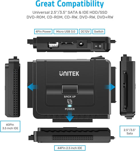 Unitek USB 3.0 to IDE and SATA Converter Kit for External Hard Drive, 2.5/3.5 HDD/SSD, 12V/2A Power Adapter