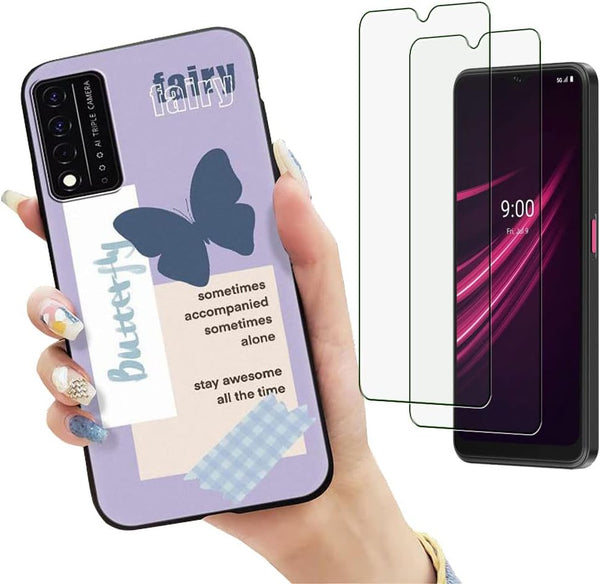 for T-Mobile Revvl V+ 5G Case with 2 Tempered Glass Screen Protectors, Slim Shockproof Butterfly Design
